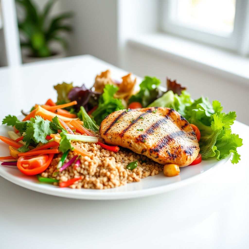 balanced plate with whole grains, greens and lean protein